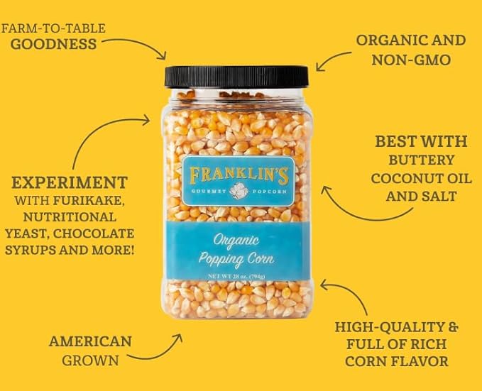 Franklin?셲 Gourmet Popcorn Organic Popcorn Kernels for Popping - 28oz Tub - Made in USA, Non-GMO &