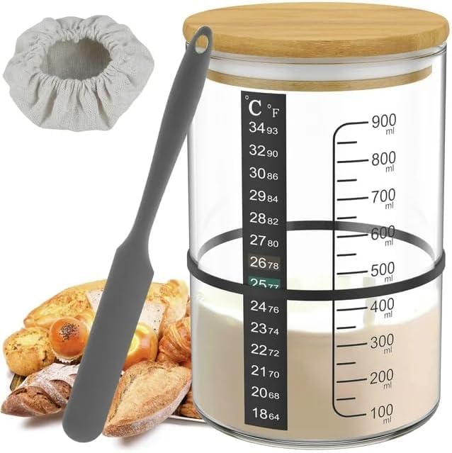 Pro Sourdough Bread Starter Kit - 34 oz sourdough jar with 5 unique features for the perfect sour