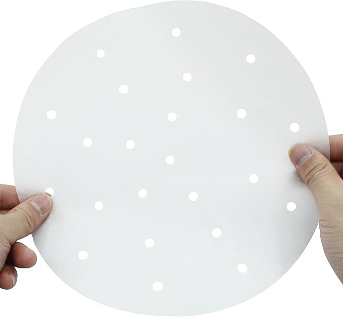 100 Pack 9 Inch Bamboo Steamer Liner - Round Air Fryer Parchment Paper with Holes - White Non Stick