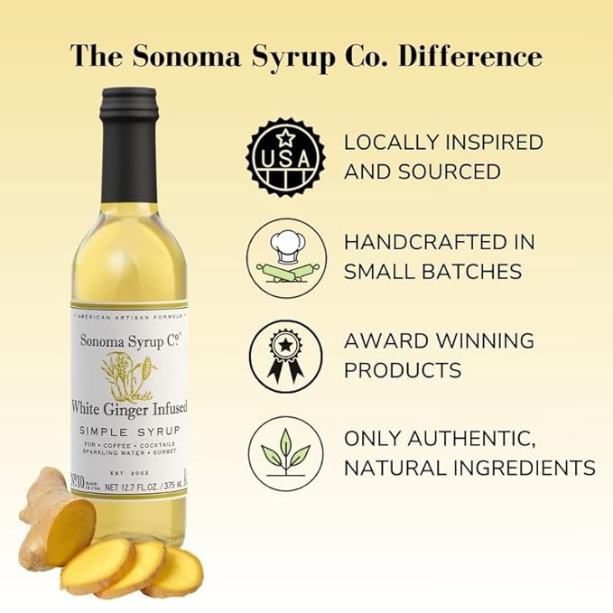 Sonoma Syrup Co. White Ginger Infused Simple Syrup 12.7 fl oz | for Cocktails, Tea, and Baking |