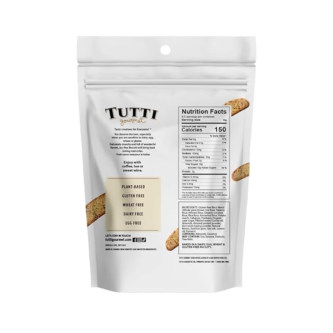 Tutti Gourmet Gluten Free Lemon Biscotti, 9.9 oz (283g) Resealable Cookie Bag - Vegan and Halal