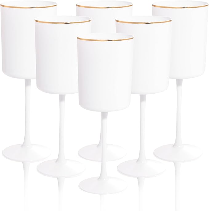 Ciaell 12 Pack White Plastic Wine Glasses with Stem - 10 Oz White and Gold Disposable Wine Glasses