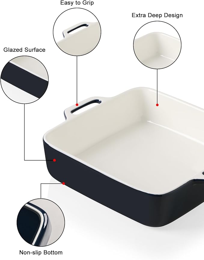 Sweejar 8x8 Baking Pan,Ceramic Casserole Dishes for Oven with Double Handlesï¼? QT Square Cake