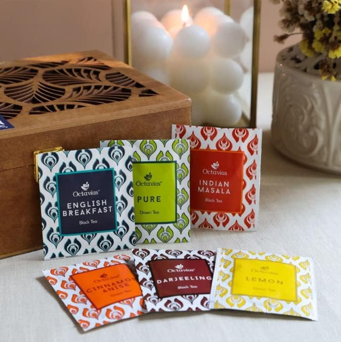 Octavius Tea Gift Set - Assorted Black & Green Tea Bags in Wooden Box | 6 Flavors, 90 Count |
