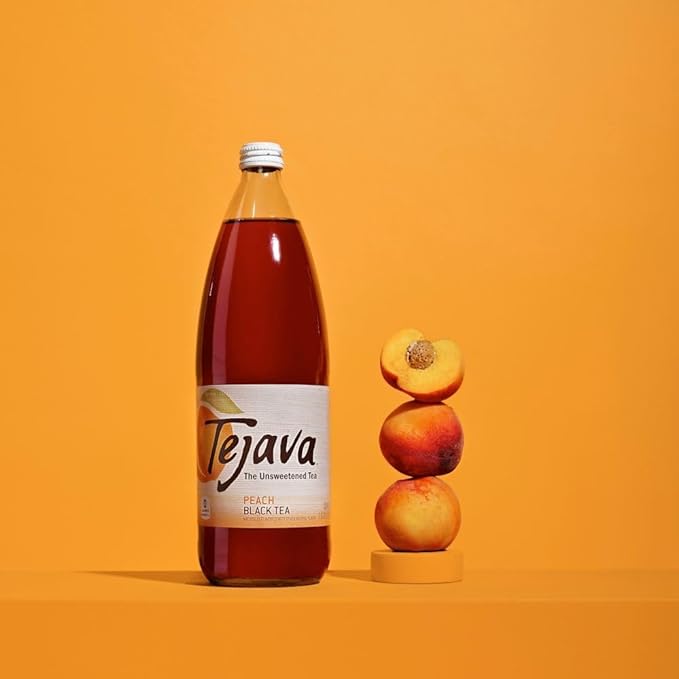 Tejava Peach Black Iced Tea, 24 Pack, 12oz Glass Bottles, Unsweetened, Non-GMO, Kosher, No Sugar or