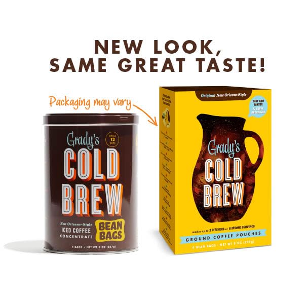 GRADY’S COLD BREW, New Orleans Style, 100% Arabica Ground Coffee & Chicory Pouches, One Box of Four