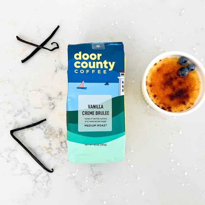 Door County Coffee Vanilla Creme Brulee Flavored - 10oz Bag - Ground Medium Roast - 100% Arabica