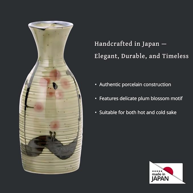JapanBargain 4977, Japanese Plum Porcelain Sake Set Sake Carafe Bottle Sake Cups for Serving Hot