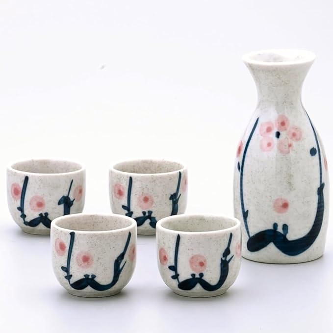 JapanBargain 4978, Japanese Porcelain Plum Sake Set Sake Carafe Bottle Sake Cups for Serving Hot