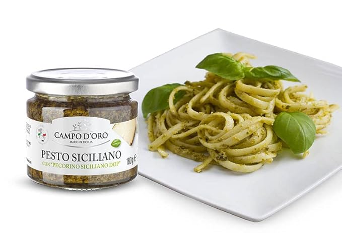 CAMPO D'ORO - Basil Pesto with Pecorino, Sicilian Creamy Pesto Recipe. Net Wt 6.35 oz (180g)