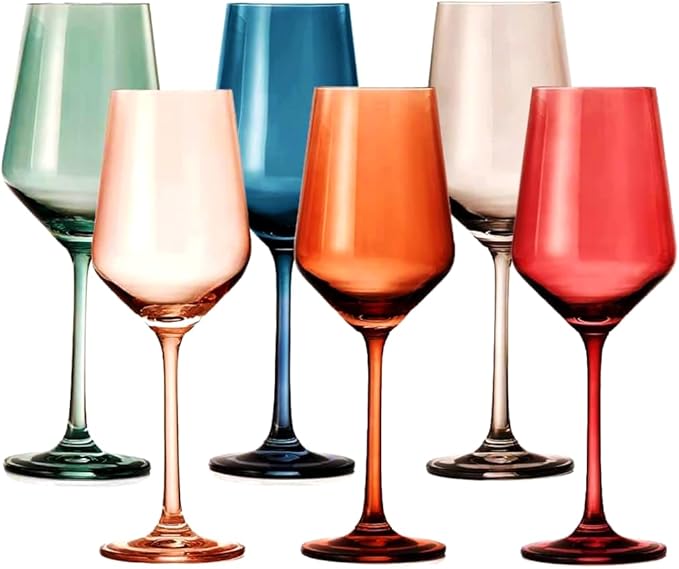 Colored Crystal Wine Glasses - Water & Wine 12oz | Set of 6 | Cute Pastel Muted Crystal Cocktail