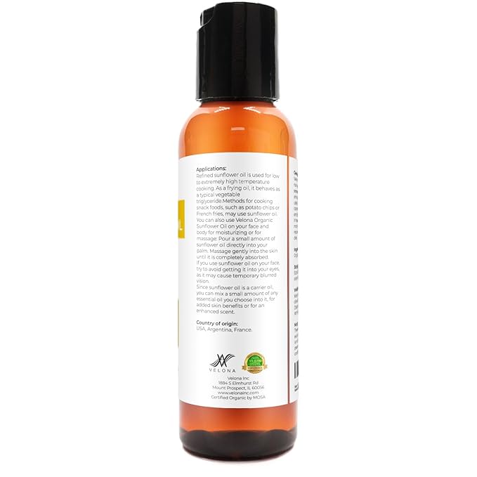 velona USDA Certified Organic Sunflower Oil - 2 Fl Oz | 100% Pure and Natural Carrier Oil | High