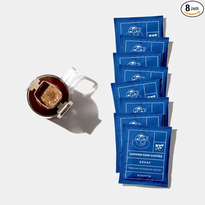Copper Cow Coffee Pour Over Single-Serve Vietnamese Coffee Pouches (8 pack) | Decaf | Dark Roast |