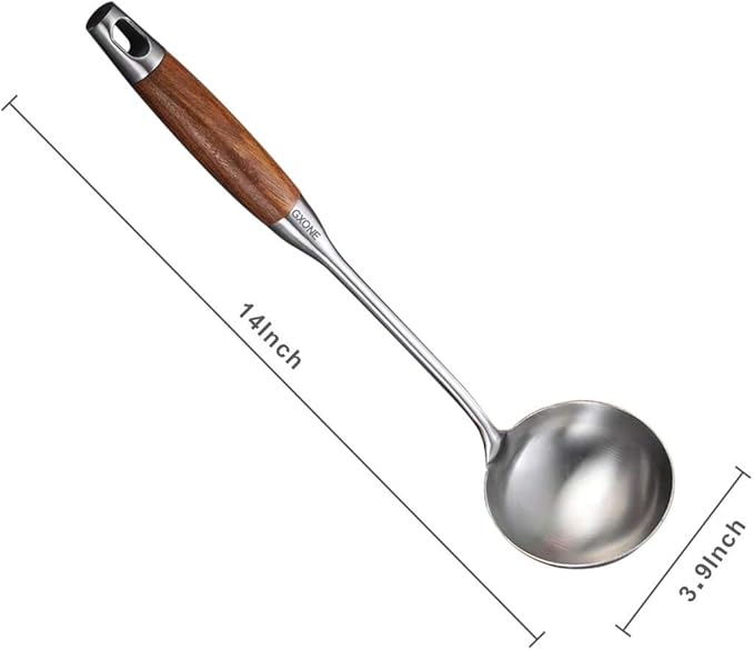 Soup Ladle,304 Stainless Steel Cooking Ladle Spoon Wok Tools with Long Wooden Handle Heat