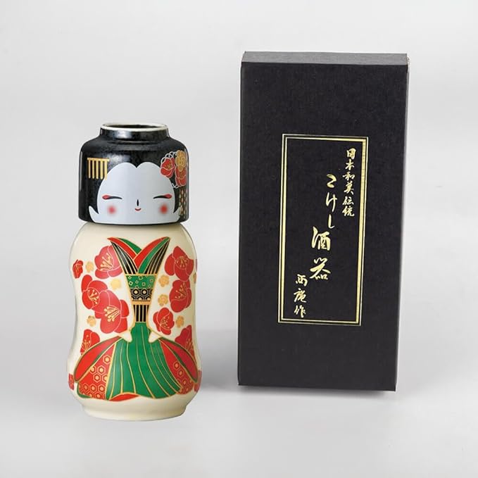 Japanese Traditional Kokeshi Design Sake Wine Soju Ceramic Set with 1 Ochoko Cup and 1 Tokkuri