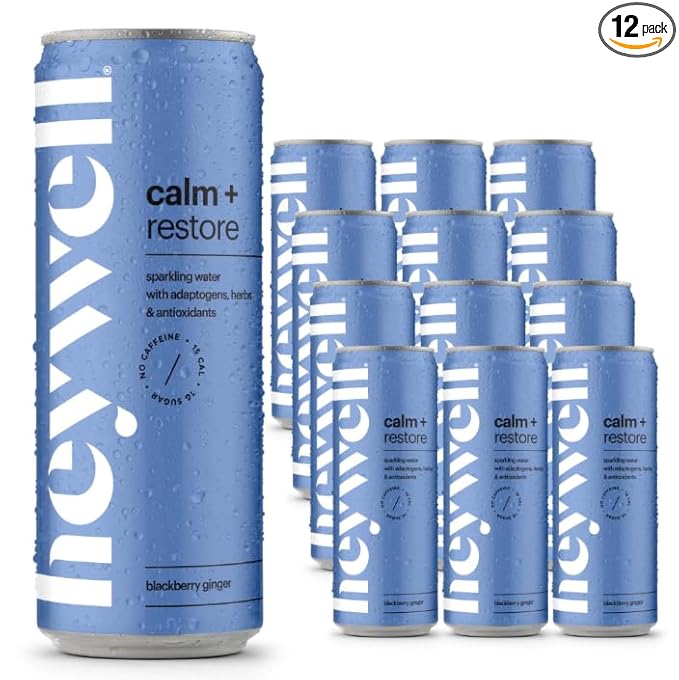 Heywell Sparkling Adaptogenic Water Calm and Restore, Blackberry Ginger Flavor 12 Fluid Ounce (Pack