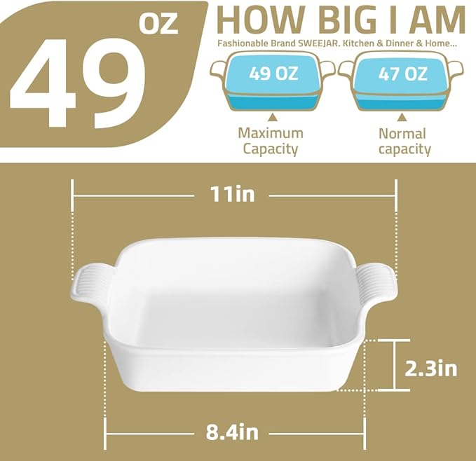 Sweejar Ceramic Baking Dish, 8 x 8 Cake Baking Pan for Brownie, Porcelain Square Bakeware with