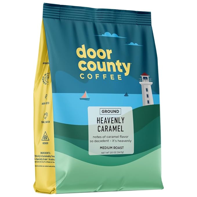 Door County Coffee, Heavenly Caramel, Sweet & Buttery Caramel Flavored Coffee, Medium Roast, Ground