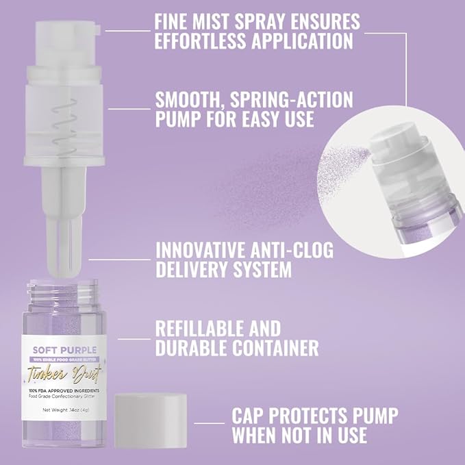 Bakell - Soft Purple Tinker Dust (4g, 1x Mini Spray Pump) Edible Glitter for Food, Desserts, and
