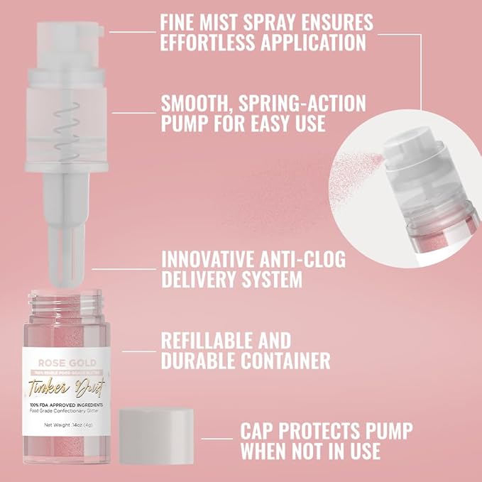 Bakell - Rose Gold Tinker Dust (4g, 1x Mini Spray Pump) Edible Glitter for Food, Desserts, and