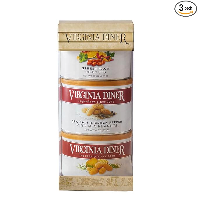 Virginia Diner Simply Savory Peanuts Gift Set Peanut Sampler with Street Taco, Sea Salt & Black