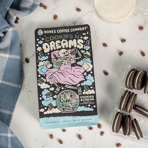 Bones Coffee Company Cookies 'N Dreams Cookies and Cream Flavored Coffee, Medium Roast Low Acid