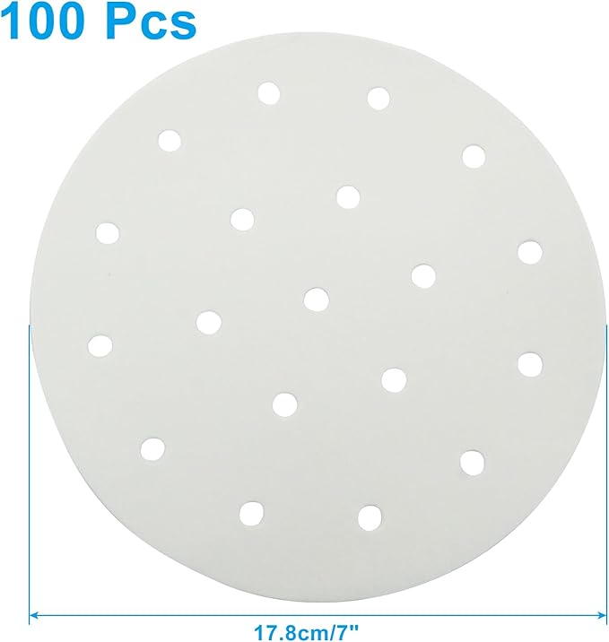 100 Pack 6 Inch Bamboo Steamer Liner - Round Air Fryer Parchment Paper with Holes - White Non Stick