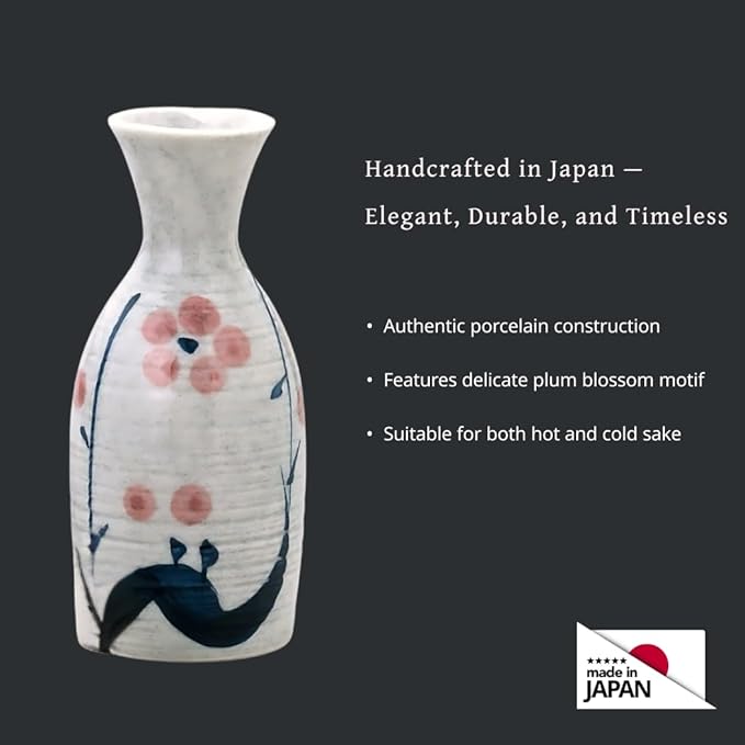 JapanBargain 4979, Japanese Porcelain Plum Sake Set Sake Carafe Bottle Sake Cups for Serving Hot