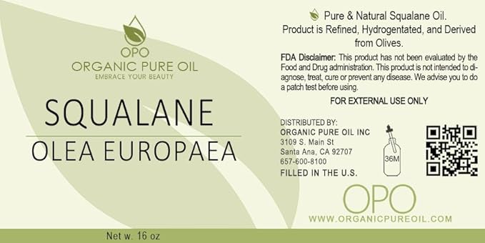 OPO Squalane Oil - Pure, Natural, Plant-Derived, Non GMO, Refined - 16 oz - Squalene Alternative
