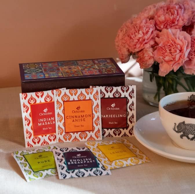 Octavius | Tile Motif Wooden Caddy Tea Sampler Pack | Assortment of 3 Black & 3 Green Teas | 30