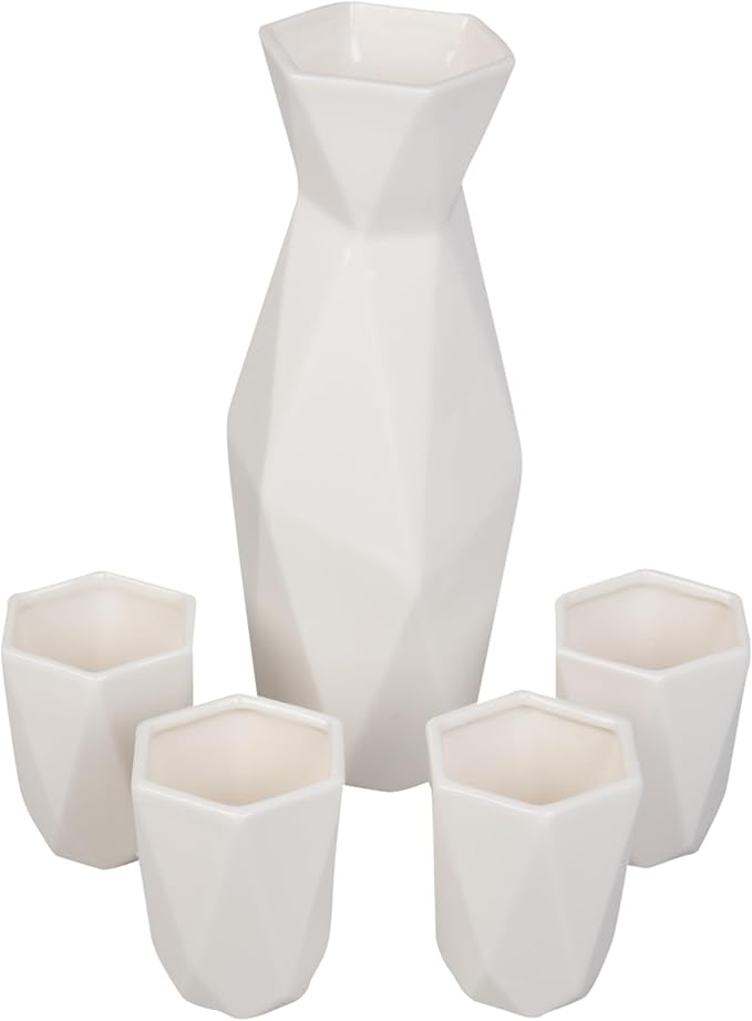 D'Eco 5 Piece Traditional Porcelain Japanese Sake Set, White - 1 Tokkuri Bottle (18 oz) and 4 Ochko