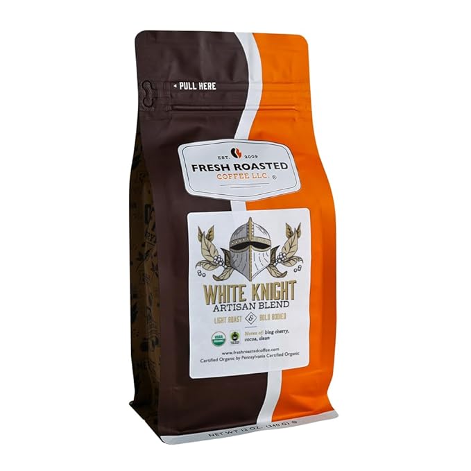 Fresh Roasted Coffee, Organic White Knight | USDA Organic, Kosher | Light Roast 12 oz, Whole Bean