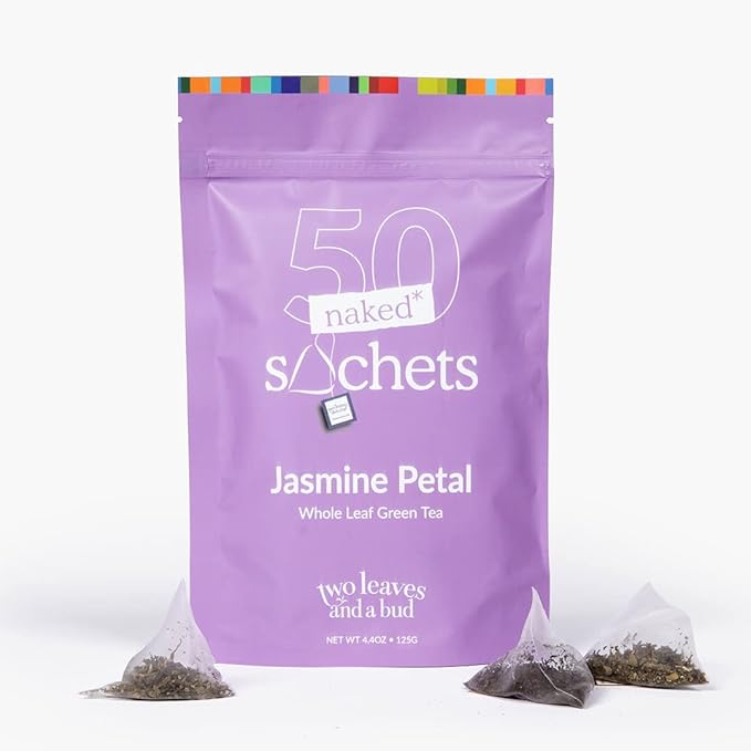 Two Leaves and a Bud Jasmine - 50 Naked Tea Sachets, Whole Leaf Green Tea in Eco-Friendly Unwrapped