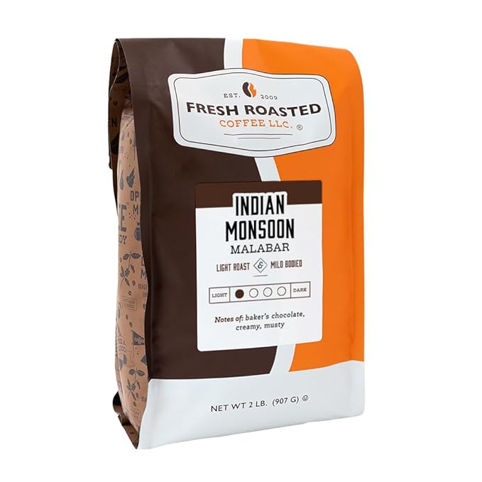 Fresh Roasted Coffee, Indian Monsoon Malabar, 2 lb (32 oz), Light Roast, Kosher, Whole Bean
