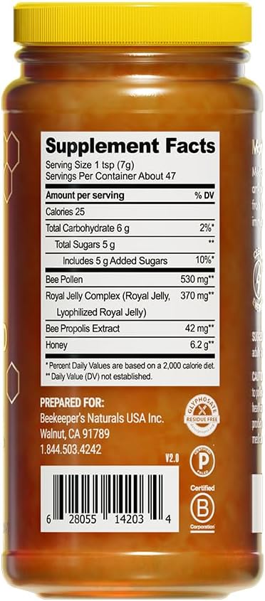 Superfood Honey by Beekeeper's Naturals - Bee Pollen, Royal Jelly, Propolis, Honey - Natural