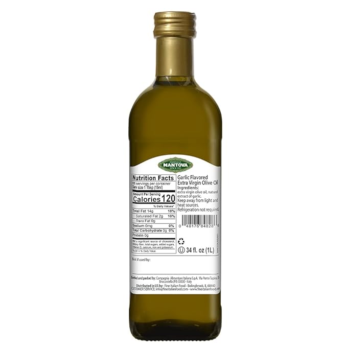 Mantova Garlic Extra Virgin Olive Oil (EVOO), Cold-Pressed and Imported from Italy 34 oz Glass