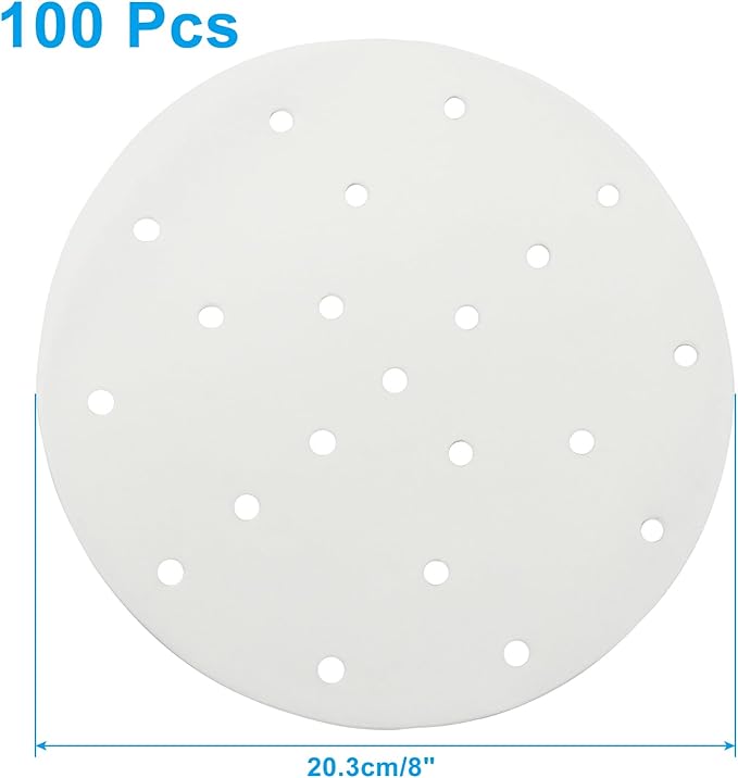 100 Pack 7 Inch Bamboo Steamer Liner - Round Air Fryer Parchment Paper with Holes - White Non Stick
