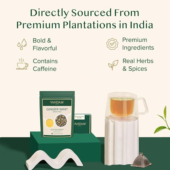 VAHDAM, Ginger Mint Green Tea Loose Leaf (50+ Cups, 3.5oz) Blend Of Ginger Tea & Mint Tea | Pure
