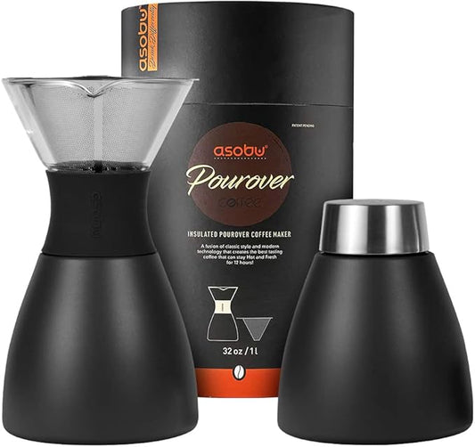 asobu Black Insulated Pour Over Coffee Maker (32 oz.) Double-Wall Vacuum, Stainless-Steel Filter