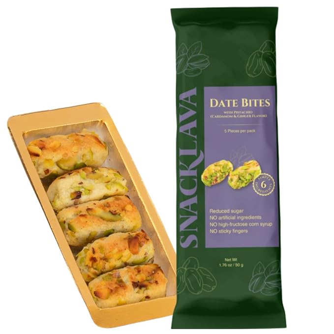 Snacklava Pistachio Date Bites with Cardamom - 20 Pack (3 Pieces per Pack) - Pistachio and Date