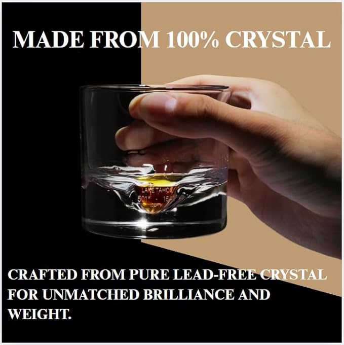Lake Tahoe Heavy Crystal Whiskey Glasses Gift Set of 2, Thick Freezable Bourbon Glass 1lb Each