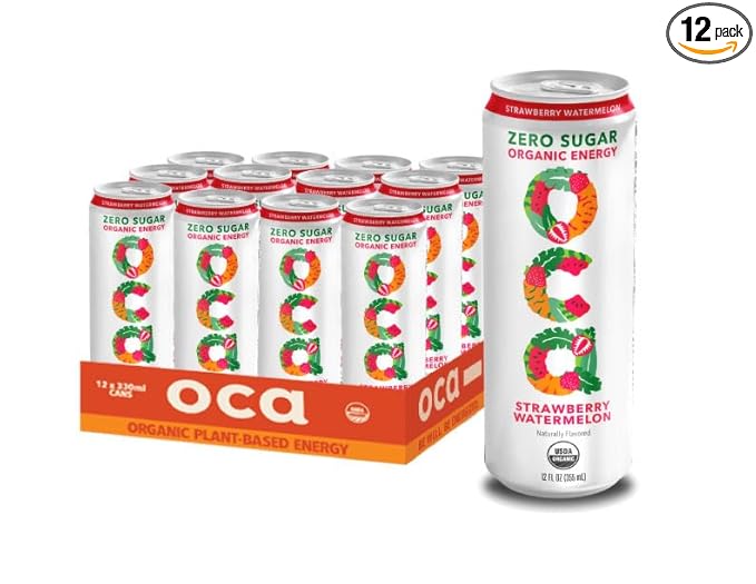 OCA ZERO Strawberry Watermelon, Organic energy drink, zero sugar, gluten-free, vegan plant-based