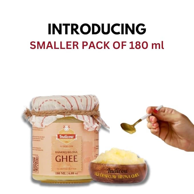 Indicow A2 Desi Cow Ghee, Clarified Butter 180ml | Grass Fed Cows | (180ml (6.08oz), A2 Kankrej Cow
