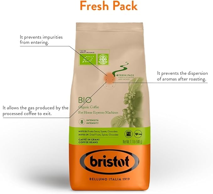 Bristot Bio Organic Italian Espresso Beans | Italian Whole Beans | Medium Roast | 1.1lb/500g
