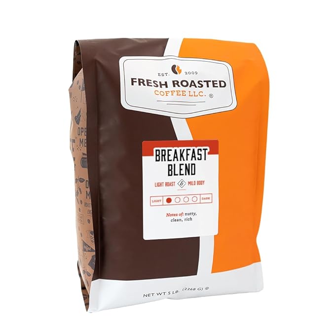 Fresh Roasted Coffee, Breakfast Blend, 5 lb (80 oz), Light Roast, Kosher, Whole Bean