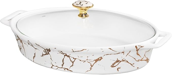 12" x 8" Ceramic Casserole Baking Dish With Glass Cover, Lasagna Pan Deep for Oven, 1.7 Quarts