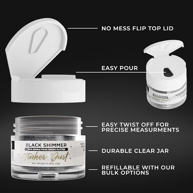 Bakell - Black Shimmer Tinker Dust (5g, 1x Jar) Edible Glitter for Food, Desserts, and Beverages!