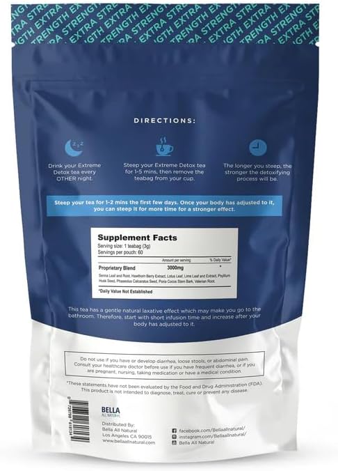 Bella All Natural Extreme Detox Tea - Body Cleanse, Colon Cleanser & Detox, Natural Herbs, 3.17