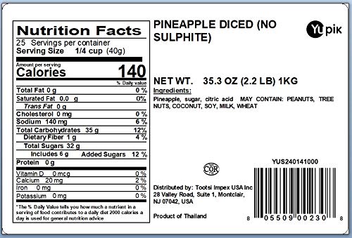Yupik Dried Pineapple, Diced 2.2 lb, Non-GMO, Gluten-Free, Kosher,Sweetened Tropical Dried Fruits