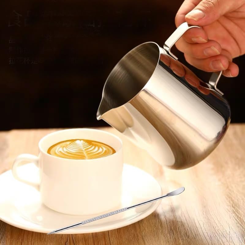 Milk Frothing Pitcher, 12oz Milk Frother Cup with Scale, 304 Stainless Steel Cappuccino Espresso